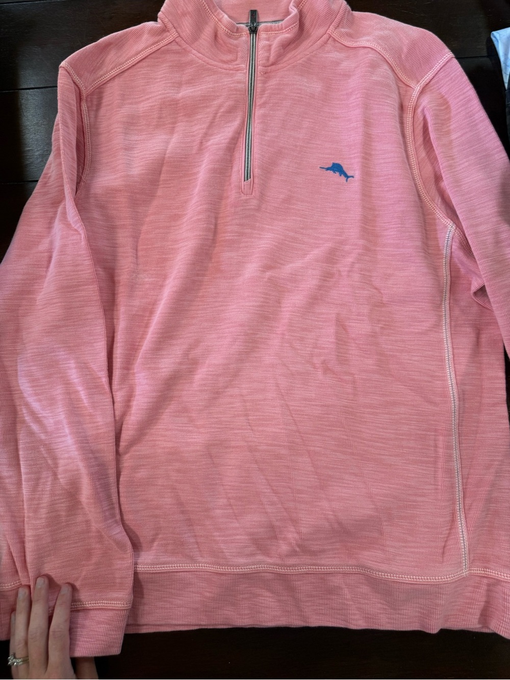Tommy Bahama Men’s Pink Quarter-Zip Sweater with Blue Logo